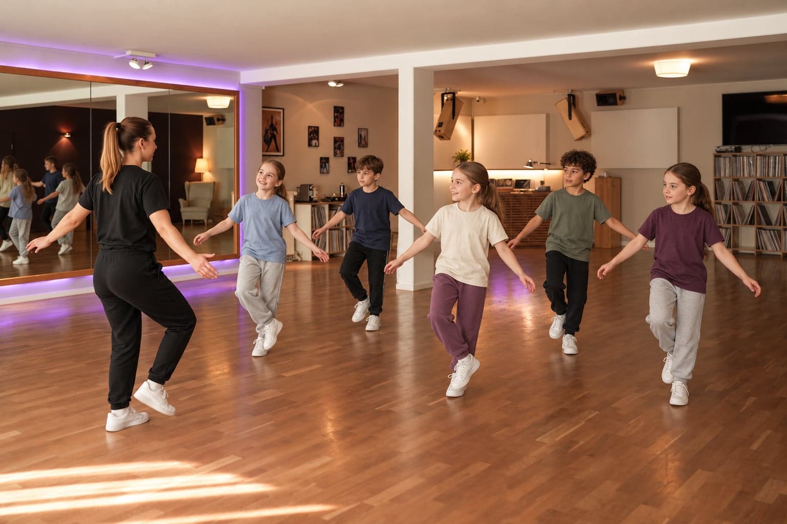 Symbolbild: Schulkinder üben mit einer Trainerin eine Tanzfolge.